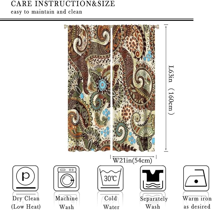 Boho Curtains, Abstract Pelis Boho Brown Vintage Floral Ethnic Tribal Blossom Print, Blackout Curtains for Bedroom Living Room42X63 Inch