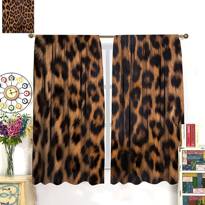 Leopard Print Blackout Curtain, Black Brown Fur Leopard Print Wild Animal Skin Drapes, Rod Pocket Window Treatments 2 Panels Curtains for Dining Room Office Kitchen Bedroom Decor 84"W X 84"L
