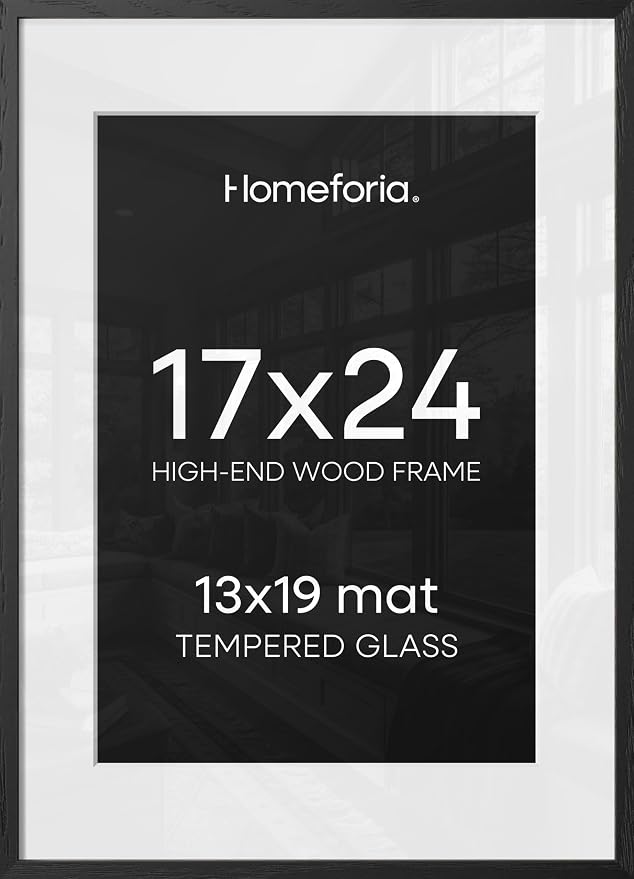 Homeforia 17x24 Picture Frame Black Wood, High End Oak 17x24 Poster Frames with Mat 13x19 Photo, 17 x 24 Wooden Frame Matted to 13 by 19 Print, 24x17 Hanging Frames, Tempered Glass, Wall Kit, Set of 1