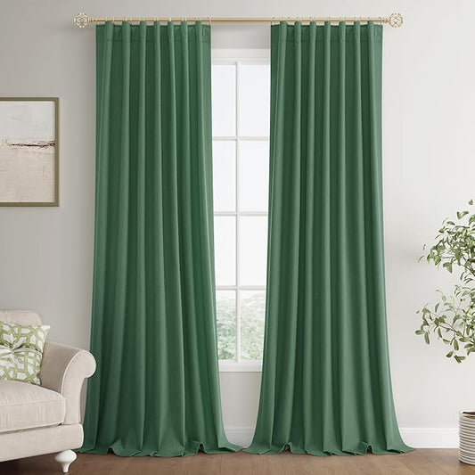 Joywell 100% Blackout Extra Long Linen Curtains 120 Inch Long for Bedroom Large Window Black Out Curtain Rod Pocket Back Tab Thermal Insulated Drapes Floor to Ceiling 2 Panels,52 x 120,Green