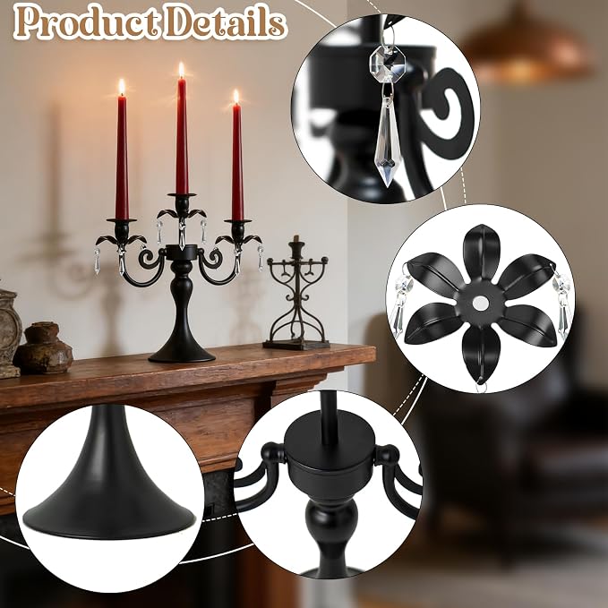 Metal 3 Arm Candelabra with Crystal Pendants - 11.8 Inch Tall Candle Holders, Set of 6 - Elegant Taper Candlestick Stand for Wedding, Dining Table, Christmas Party Home Decoration (Black)