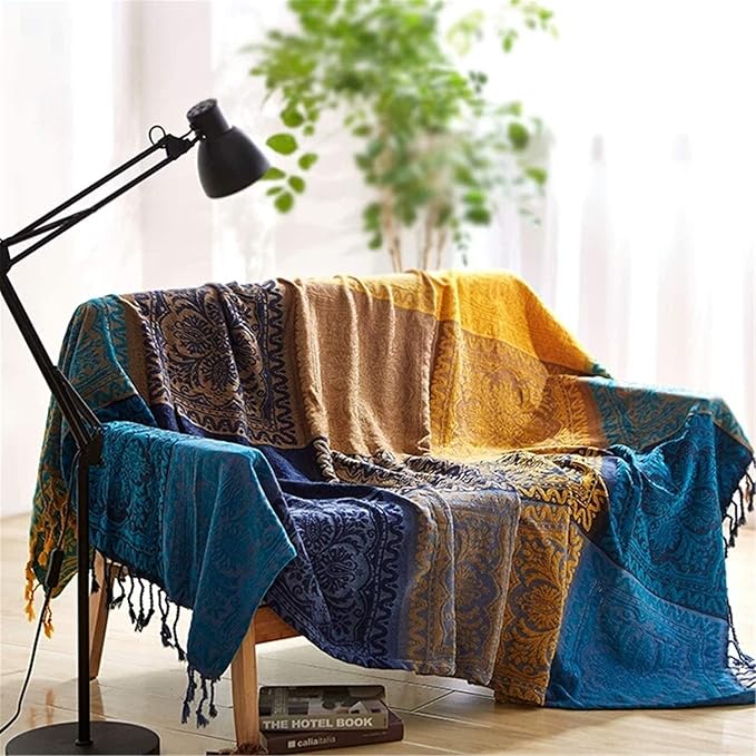Bohemian Throw Blanket for Couch，Colorful Chenille Tassels Boho Woven Hippie Bed Blankets for Couch Sofa Chair Recliner Loveseat, Bohemian Fringe Tassels Decor Home (86" x 103")