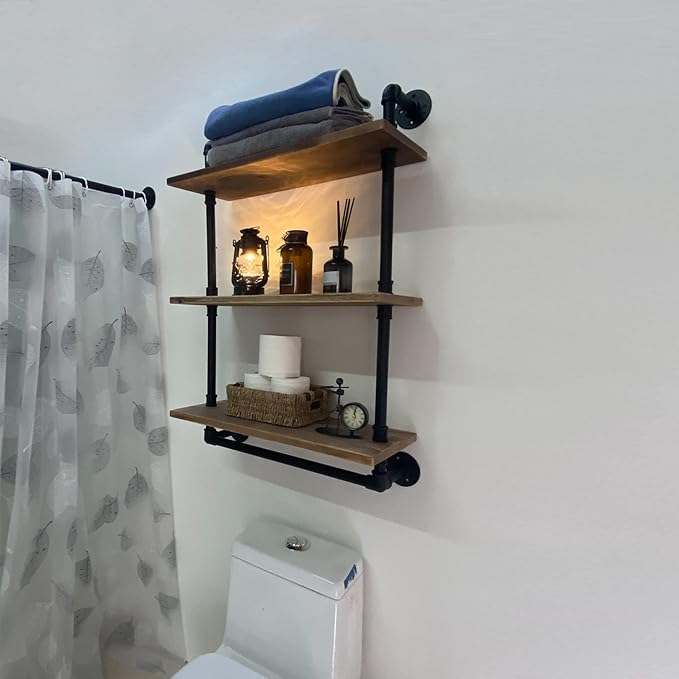 ROGMARS Industrial Pipe Shelving Bathroom Shelves with Towel bar | 24 inch Pine Wood Floating Shelves for Wall Mounted Bedroom,Kitchen, Farmhouse, Living Room 3 Tier