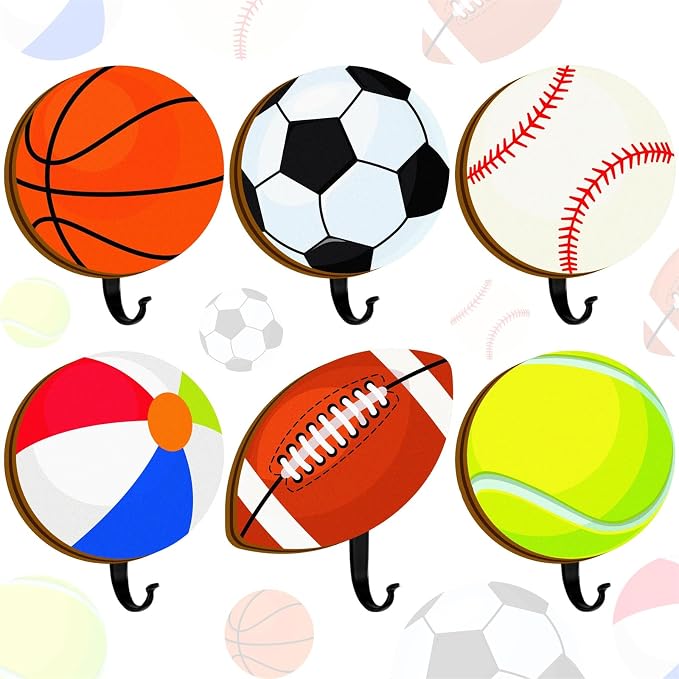 THEYGE Sports Coat Hooks for Boys Kids Bedroom Decor Basketball Baseball Football Soccer Wall Mount Decor Rack Hooks Wooden Towel Hook Key Backpack Mounted Hanger Clothes Hanging Hook Sports