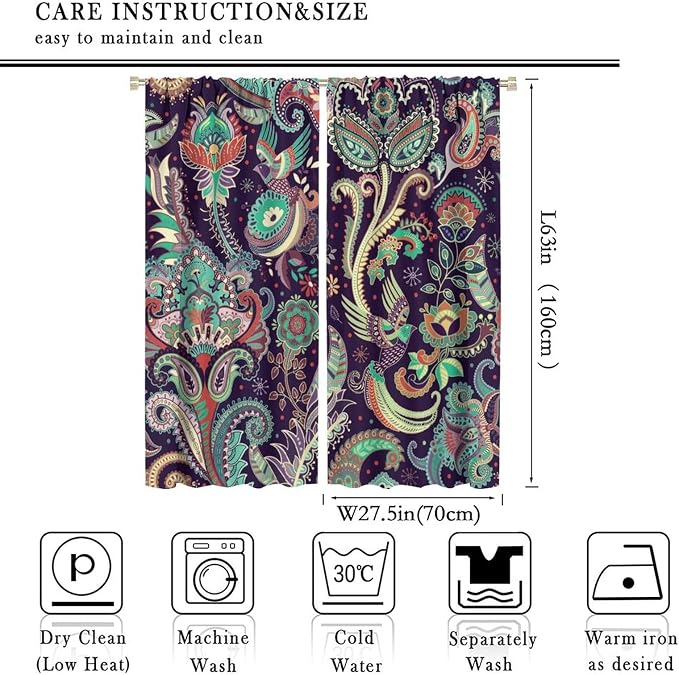 Boho Curtains, Traditional Geometric Ethnic Style Beautiful Floral Pattern, Blackout Curtains Living Room Bedroom Dim Room, 2 Panel Set, 55x63 in.