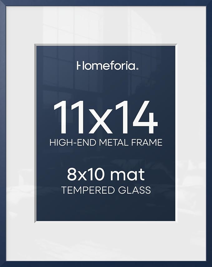 Homeforia 11x14 Picture Frame Navy Blue, High End Metal 11x14 Wall Hanging Frame with Mat 8x10, 11 x 14 Poster Frame Matted to 8 x 10 inch Photo, 11by14 Thin Frames, Tempered Glass, Wall Kit, Set of 2