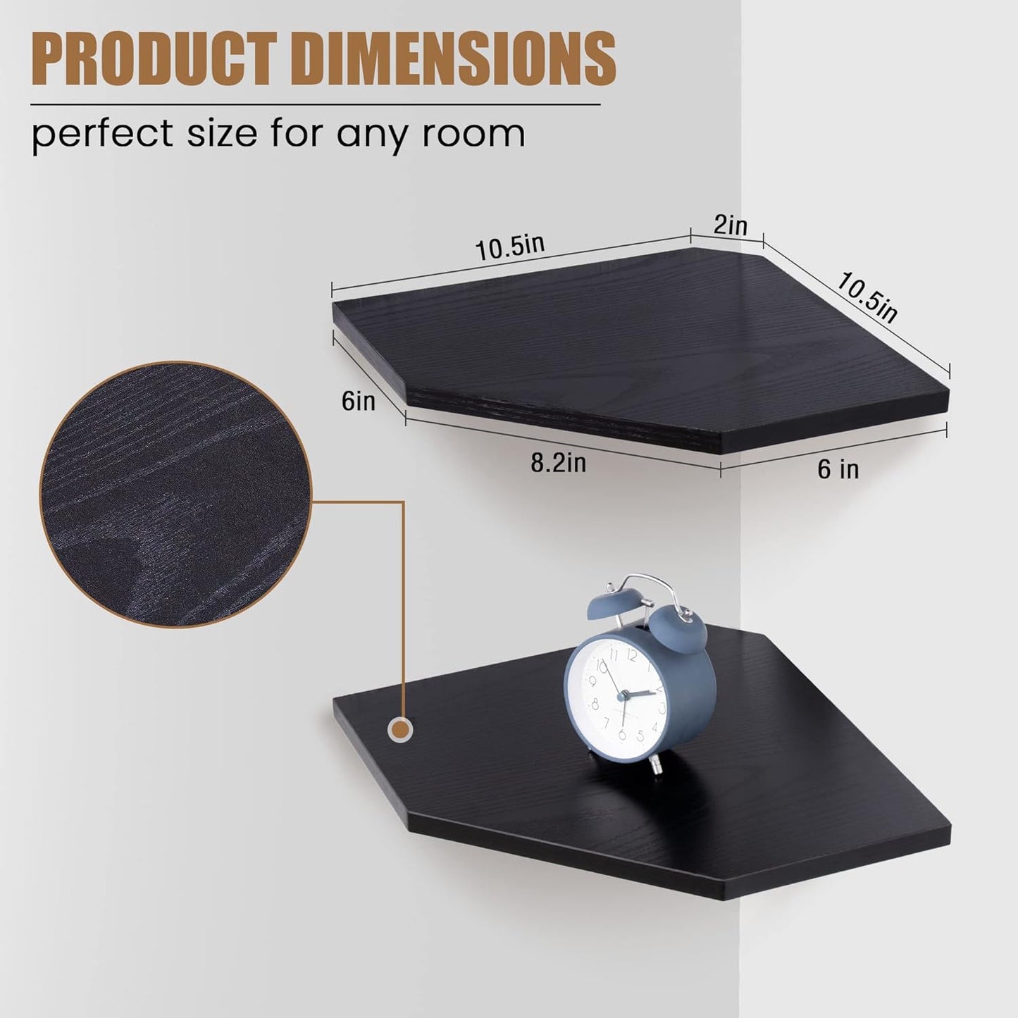 Corner Shelf Wall Mount, Floating Corner Shelves, Set of 2 Corner Wall Shelf Organizer, Rustic Wood Wall Storage Display Shelves for Living Room Bedroom Bathroom Kitchen, Classic Black