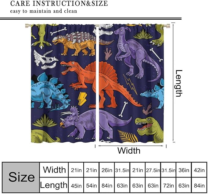 Dinosaur Curtains Cartoon Dino Ancient Jungle Forest Wildlife Animal Theme Art Printed Window Drapes for Boys Girls Children Nursery Bedroom Decor Fabric Set 2 Panel 84x84 Inch 80% Shading Rate