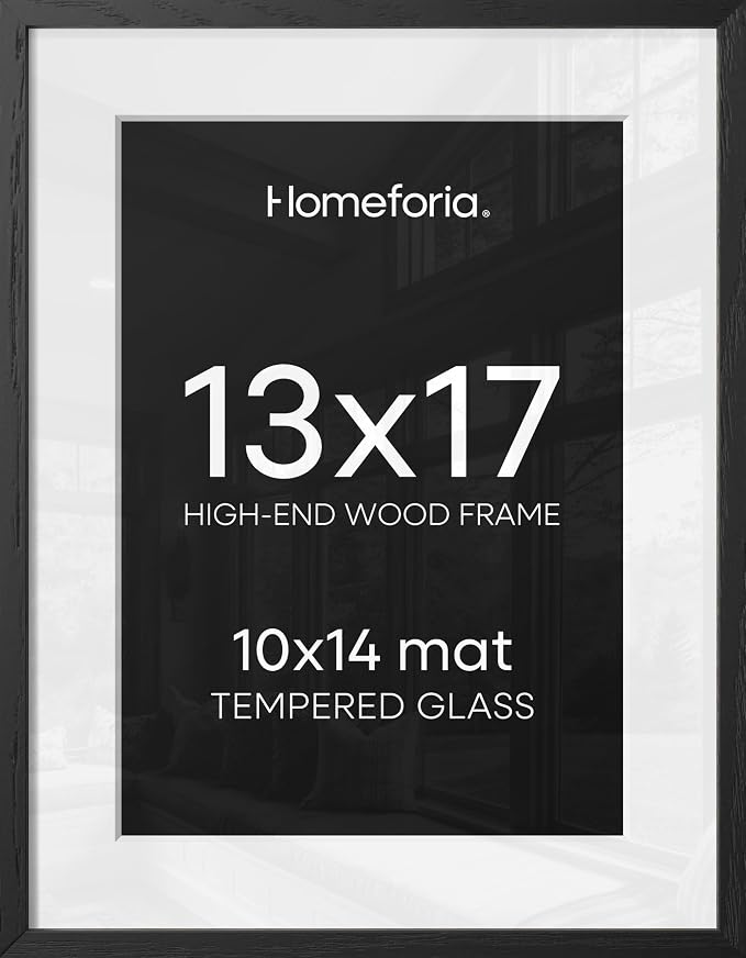 Homeforia 13x17 Picture Frame Black Wood, High End Oak 13x17 Poster Frames with Mat 10x14 Photo, 13 x 17 Wooden Frame Matted to 10 by 14 Print, 17x13 Hanging Frames, Tempered Glass, Wall Kit, Set of 2
