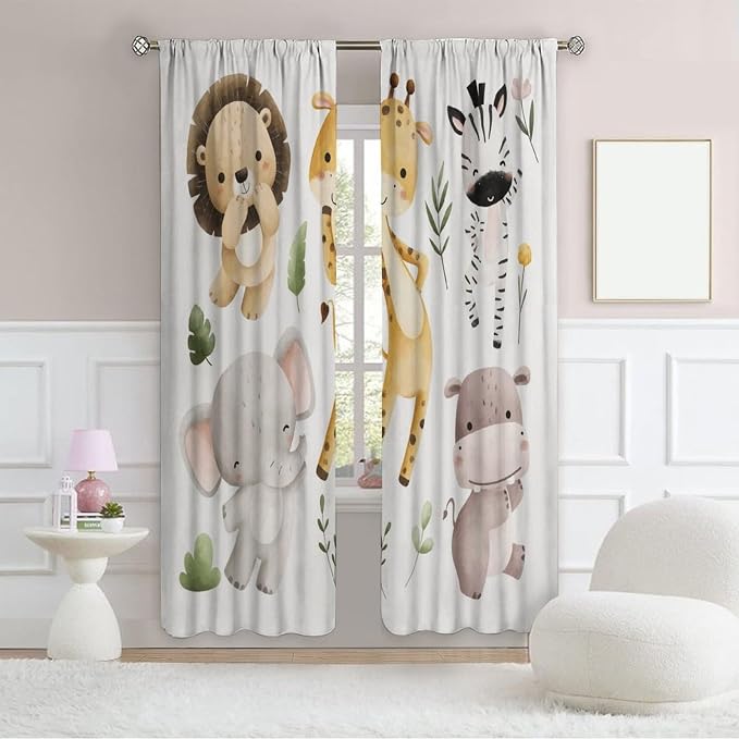 Nursery Curtains Jungle Safari Theme with Giraffe Print, Kids Room Classroom Decor, 63x63 Inches, 75% Blackout Fabric for Baby Nursery, Animal Cub Design, Easy Install & Machine Washable
