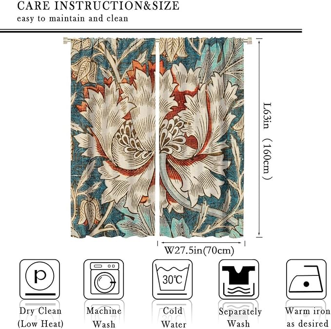 William Morris Plant Floral Blackout Window Curtains, Bohemian Vintage Rustic Flowers William Morris Art Style Window Drapes, for Bedroom Living Room 27.5(W)*63(L) 2 Panels