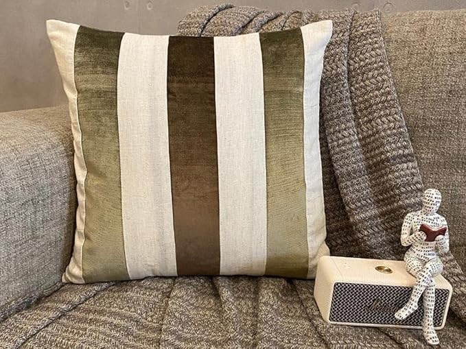 The HomeCentric Decorative Pillows Cover Brown Pack of 2, 18"x18" (45x45 cm) Velvet Striped and Linen Outdoor Furniture Cushion Cover, Patchwork Modern Cushion Cover Style - Velvet Band Earthy