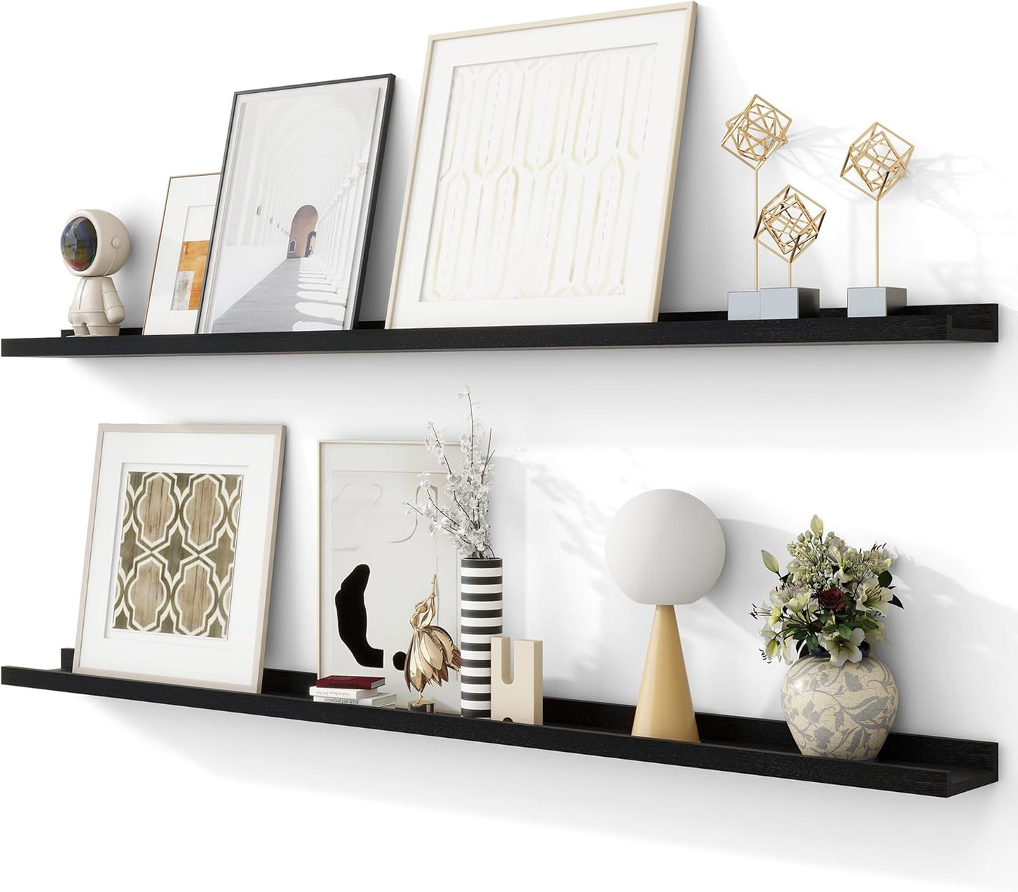 Solid Ash Wood Picture Ledge Shelf, Floating Shelves Set of 2, 56 Inch Long Large Ledge Shelves, Nursery Book Shelves Wall Mounted for Living Room Bedroom Kitchen Decor Kids Bookshelf, Black