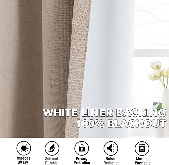 H.VERSAILTEX Linen Curtains 100% Blackout Curtains for Bedroom 90 inch Long Full Light Blocking Nature Linen Blended Window Curtains for Living Room Nickel Grommet (2 Panels, Heathered Sand)