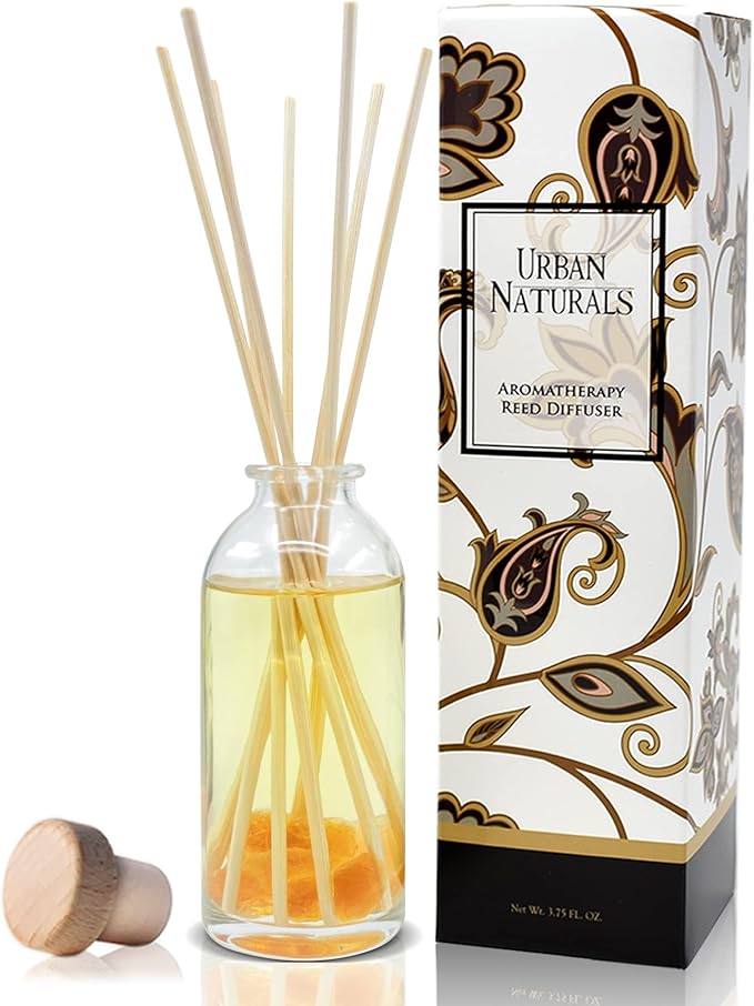Urban Naturals Reed Diffuser Set, Sensual Amber Blossoms - Bathroom Décor | Made with Essential Oils & Real Botanicals, Sweet Amber, Night Blooming Jasmine, Sandalwood, Bergamot, Vanilla & Musk