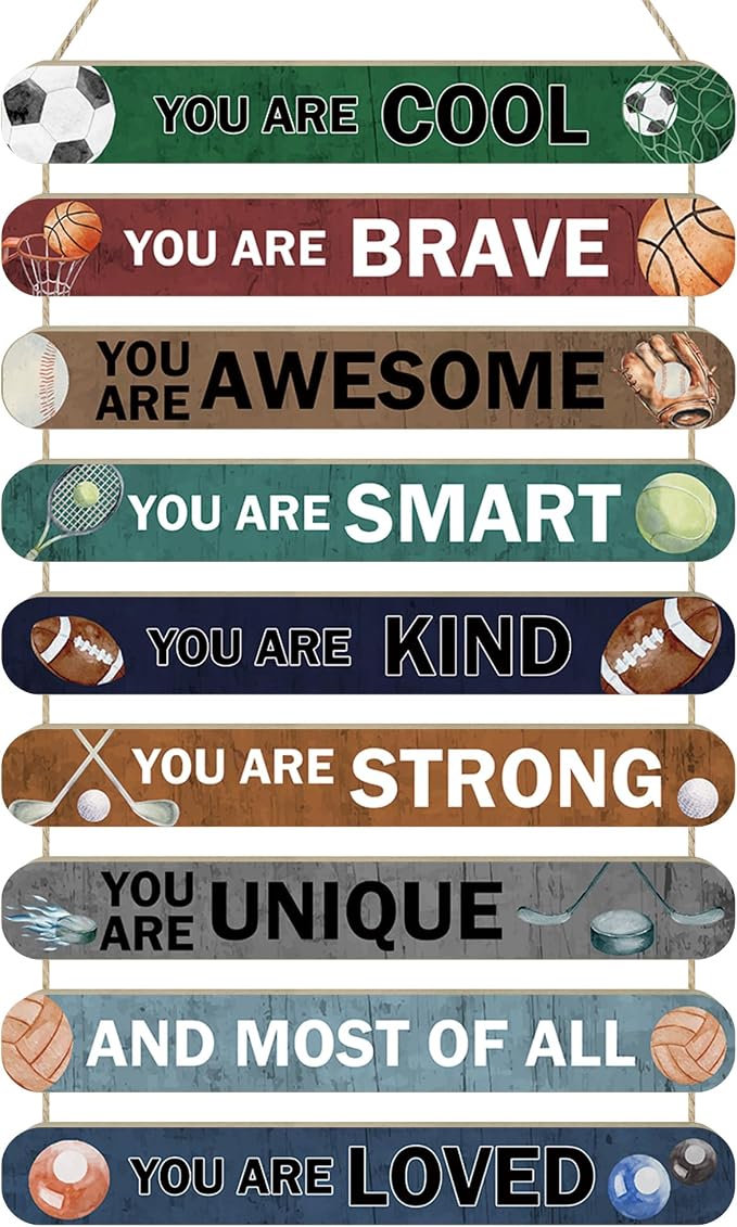 MONALET Sports Balls Inspirational Wall Decor for Boys Kids Room Classroom Playroom Nursery, You Are Loved Hanging Wooden Signs Decorations, Soccer Basketball Football Wall Art Wood Plaque 9Pcs 12x19