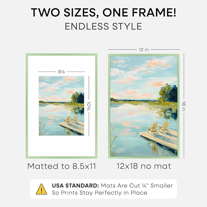 Homeforia 12x18 Picture Frame Sage Green, High End Metal 12x18 Poster Frames with Mat 8.5x11 in Photo, 12 x 18 Sage Green Frame Matted to 8.5 by 11 Art, 18x12 Frame, Tempered Glass, Wall Kit, Set of 1