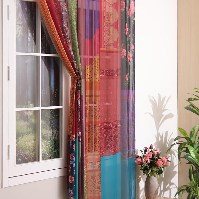 Oudain 2 Pairs Indian Old Silk Blend Sari Curtains 82 x 82 Inches Indian Imitation Patchwork Curtains Vintage Silk Blend Sari Multi Color Handmade Drapes Home Livingroom Bedroom Decor Curtain Panels