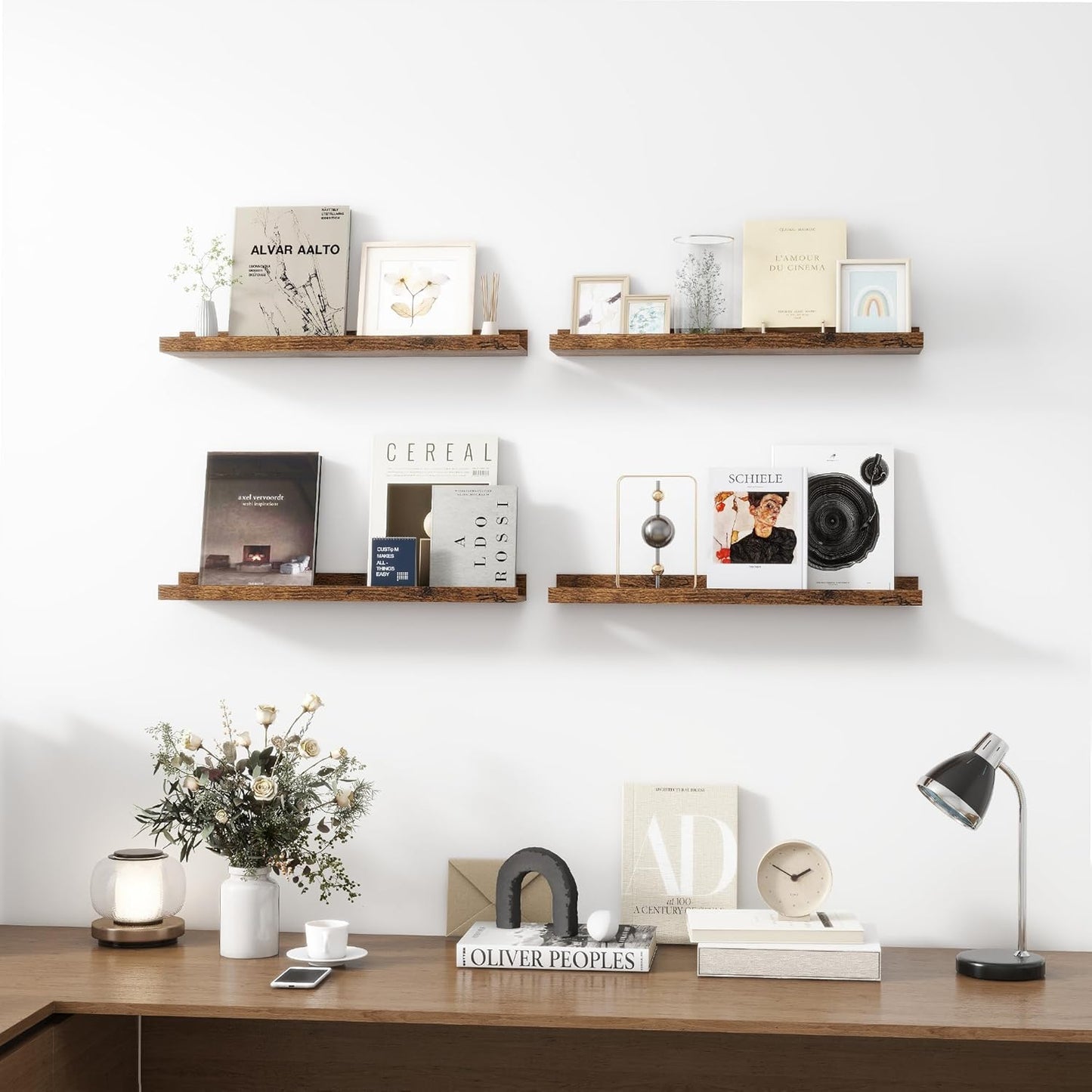 Picture Ledge Shelf, Wood Floating Shelves Set of 4, 24 inch Picture Ledge Shelves, Photo Ledge Nursery Book Shelves Wall Mounted for Living Room Kids' Room Bedroom, Color Brown