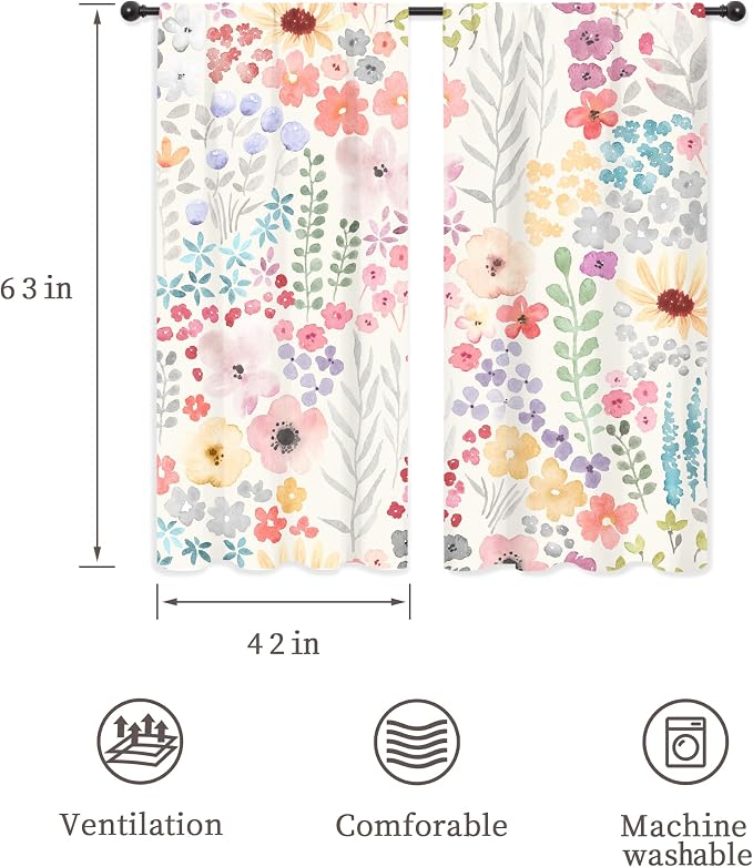 Riyidecor Colorful Floral Curtains Pink Cute Boho Wildflower Trendy Watercolor Plant Leaves Botanical Rod Pocket Pretty Aesthetic for Girls Bedroom Living Room Treatment Fabric 2 Panels 42Wx63H Inch