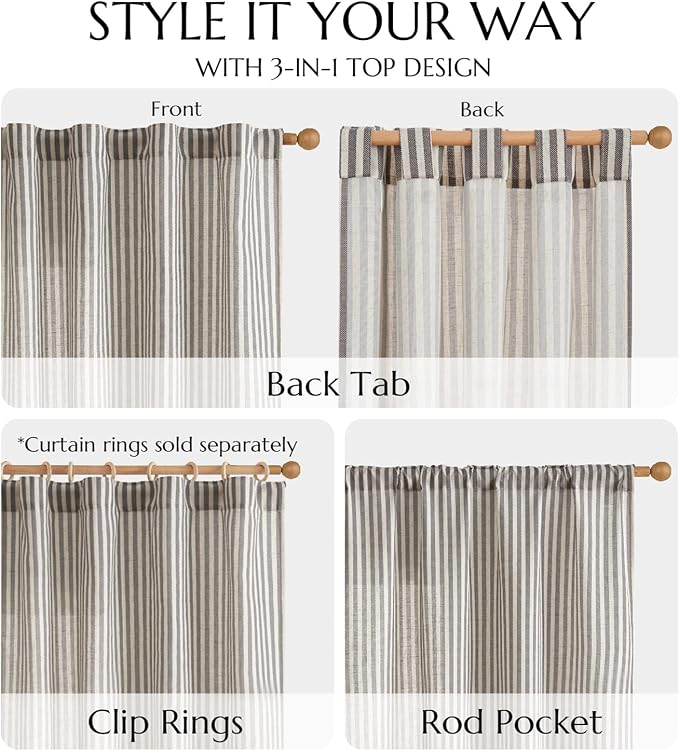 jinchan Linen Curtains 63" Charcoal Grey Stripe on Beige Back Tab 2 Panels | Curtains For Living Room Bedroom,Ticking Stripe, Farmhouse Cottage Core Rustic,Rod Pocket Window Treatment,Light Filtering