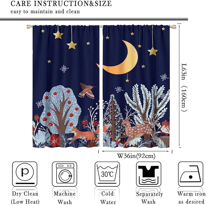 Rustic Animal Curtains, Wild Forest Animal Bear Fox Deer Kids Window Treatments for Living Room Bedroom, Farmhouse Woodland Blackout Drapes 2 Panel Sets, 72x63 Inch