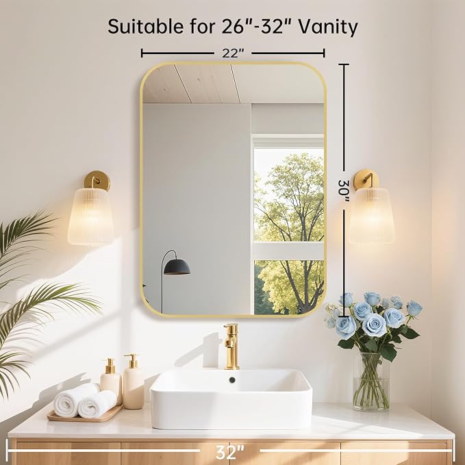 22x30 Inch Gold Bathroom Mirror, Brushed Brass Gold Metal Framed Rectangular Mirror with Rounded Corner, Bathroom Vanity Mirror for Bedroom or Living Room, Horizontal/Vertical