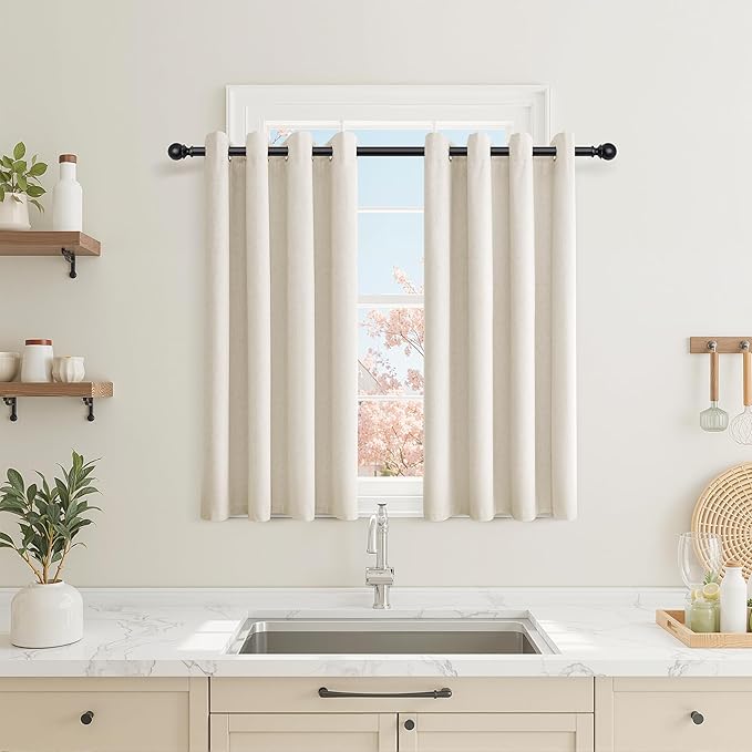 Jowels Beige Linen Blackout Curtains 50 Length 2 Panels Set for Living Room Bedroom, 100% Black Out Thermal Insulated Linen Drapes, Room Darkening Grommet Curtains 50 Inches Long