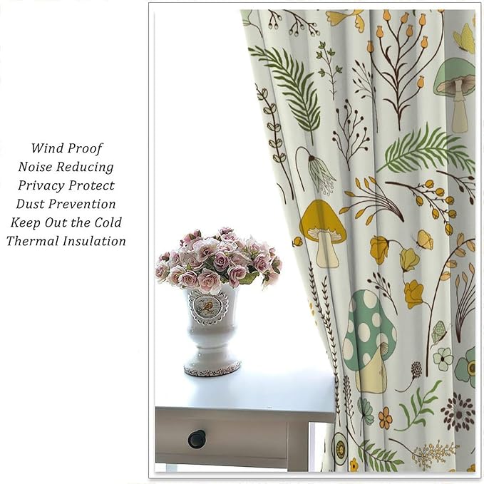 Wild Mushroom Curtains, Vintage Botanical Rustic Retro Wildflower Herbs Plants Green Mushroom Blackout Window Treatments for Living Room Kitchen Bedroom 72x63in