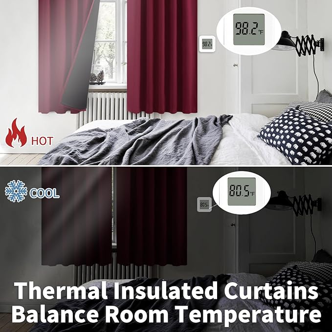 BGment Full Blackout Curtains with Thermal Insulation Liner Curtains 95 Inches Long, Rod Pocket and Back Tab Double Layer Room Darkening Window Curtain for Bedroom(52 x 95 Inch, 2 Panels, Burgundy)