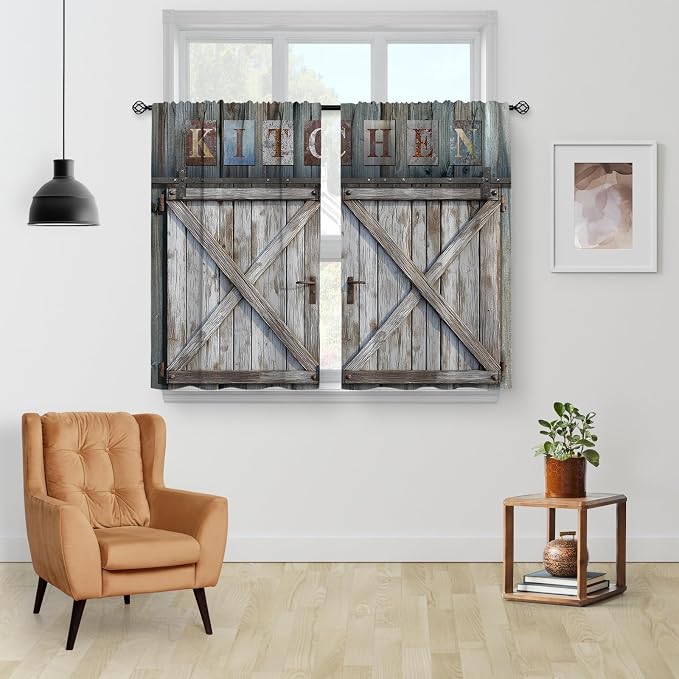 Aimego Wood Farmhouse Kitchen Curtains - Country Vintage Wooden Barn Door Small Short Tier Window Curtains for Living Dining Room Decor Rod Pocket Window Drapes 36 Inch Length Set 28"x36"