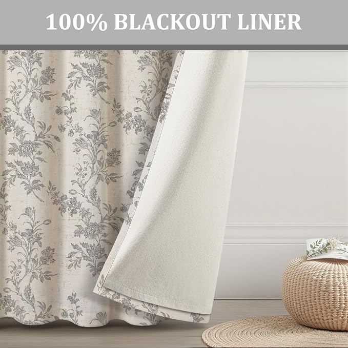 Grey Floral 100% Blackout Curtains for Bedroom 84 Inch Length 2 Panels Set, Linen Texture Farmhouse Curtains for Living Room