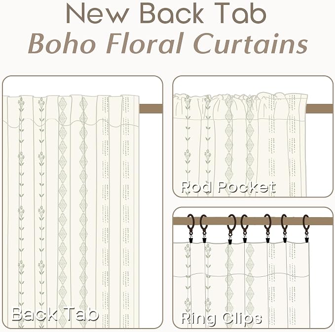 63 Inch Length Curtains 2 Panels Set,Sheer Linen Boho Sage Green Cream White Spring Leaf Curtains for for Living Room Kitchen Window Treatments