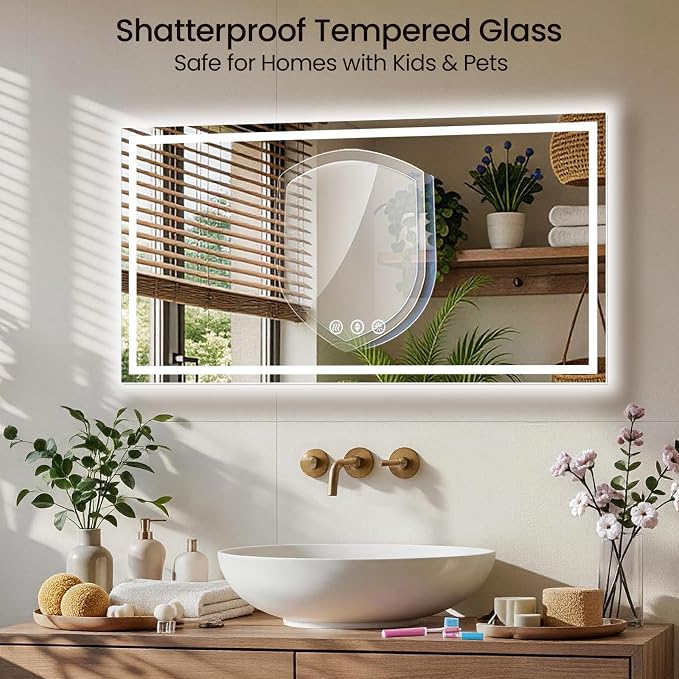 48X30 LED Bathroom Mirror with Lights, Anti-Fog, Backlit + Front Lit, Lighted Bathroom Vanity Mirror for Wall, Memory Function, Dimmable, Tempered Glass, Shatter-Proof