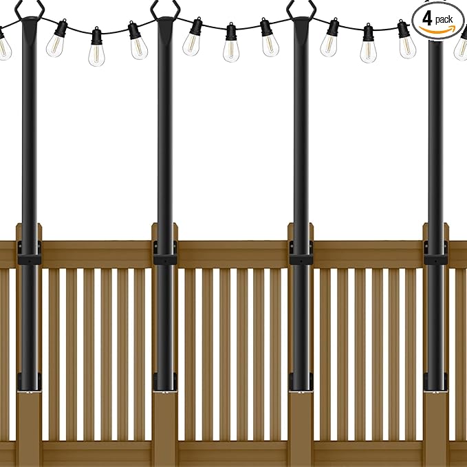 AHRLHR 5 Ft String Light Poles, 4 Pack String Light Poles for Outside with Fixing Clips,Metal Poles for Outdoor String Lights, Hanging Light Poles for Deck Fence Garden Backyard Wall Bistro