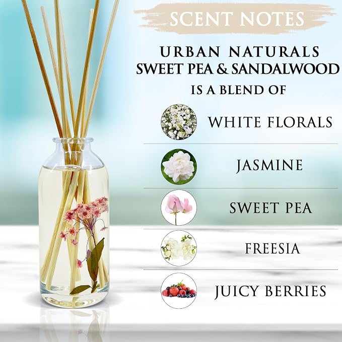 Urban Naturals Reed Diffuser Set, Sweet Pea & Sandalwood - Bathroom Décor | Made with Essential Oils & Real Botanicals, White Florals, Jasmine, Juicy Berries & Sandalwood, Made in the USA