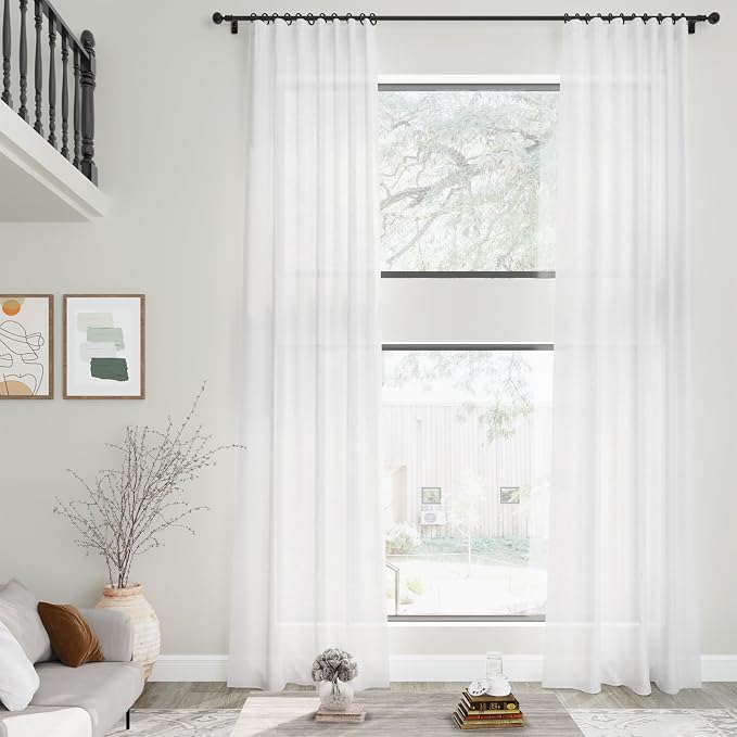 Nanspring White Linen Curtains 2 Panels Set for Living Room 192 Inches Long Back Tab Extra Long Curtains Farmhouse Light Filtering Semi Sheer Linen Drapes Ceiling to Floor for Large Window 52x192