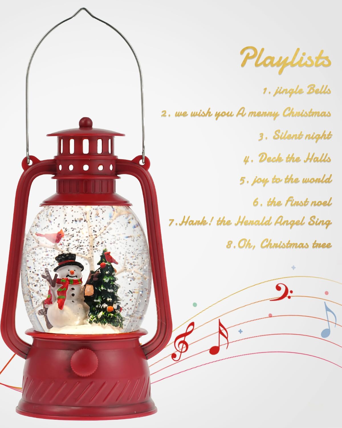 Musical Lighted Red Snowman Snow Globe Lantern with Swirling Glitter, USB & Battery Operated, 6H Timer, Classic Resin Christmas Decor & Gifts