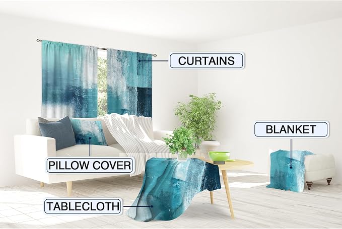 MESHELLY Turquoise Grey Abstract Teal Curtains 42Wx63H Rod Pocket Blue Aqua Gray Art Painting Modern Contemporary Watercolor Background Oil Print Cool Living Room Bedroom Window Drapes Fabric 2 Panel