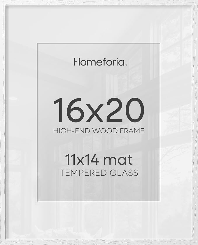 Homeforia 16x20 White Picture Frame, High End Oak 16x20 White Wood Frame with Mat 11x14 Photo, 16 x 20 Wooden Poster Frames Matted to 11 by 14, 20x16 Hanging Frames, Tempered Glass, Wall Kit, Set of 1