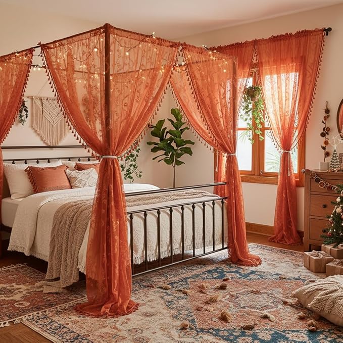 WAZZIO Boho Lace Curtains 63 Inch 2 Panels-Vintage Sheer Panel Drape Floral Pattern & Tassel Light Filtering Privacy for Bedroom Dining Living Room,Cottage Earthy Full Decor Terracotta,W52 x 63L