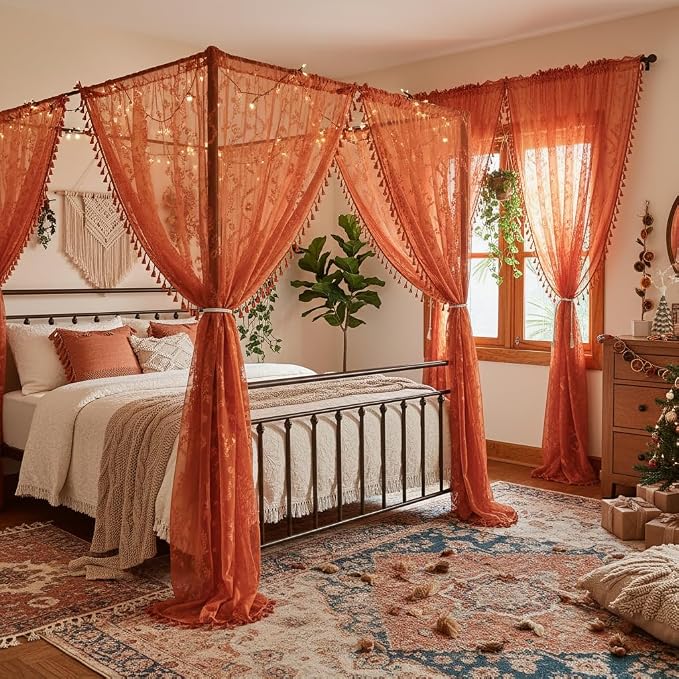 WAZZIO Boho Lace Curtains 90 Inch 2 Panels-Vintage Sheer Panel Drape Floral Pattern & Tassel Light Filtering Privacy for Bedroom Dining Living Room,Cottage Earthy Full Decor Terracotta,W52 x 90L