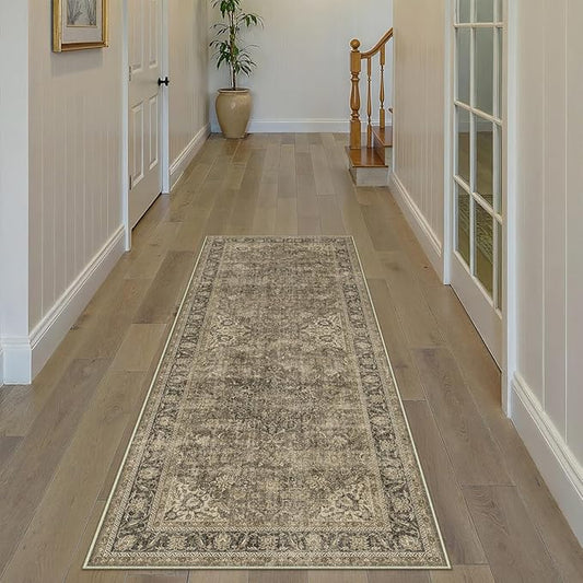 2x7 Washable Runner Rug Brown Vintage Non Slip Soft Low Pile Hallway Kitchen Rug Distressed Oriental Carpet for Laundry Bathroom Bedroom Living Room Home Decor