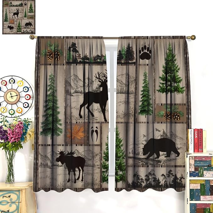 Vintage Bear Deer Blackout Curtains Country Farmhouse Wooden Door Forest Hunting Lodge Pine Cone Mountains Elk Black Bear Animals Windows Treatments Rod Pocket For Kitchen Living Room Bedroom 55x63in