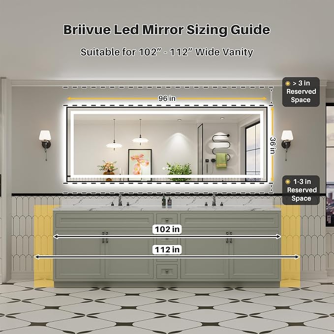 96x36 Inch LED Bathroom Mirror with Black Frame, Backlit & Front Lit, Anti-Fog Lighted Bathroom Vanity Mirror for Wall, Memory Function, Dimmable, HD Tempered Glass, Shatter-Proof