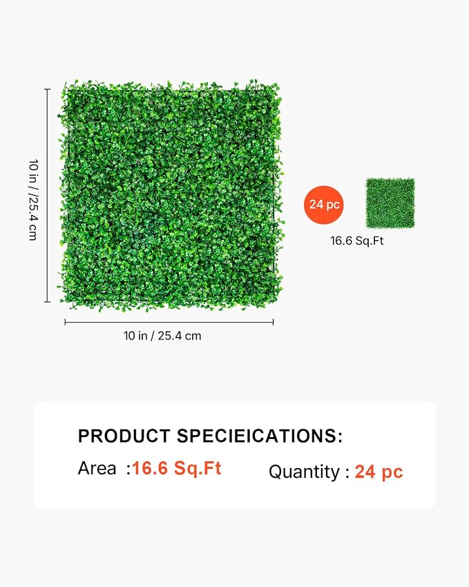 VEVOR Artificial Boxwood Panels 24pcs, 10 x 10 in Boxwood Hedge Wall Panel Artificial Grass Backdrop, 1.6 in Green Fake Grass Wall for Privacy Fence Decor Indoor Outdoor Garden Backyard