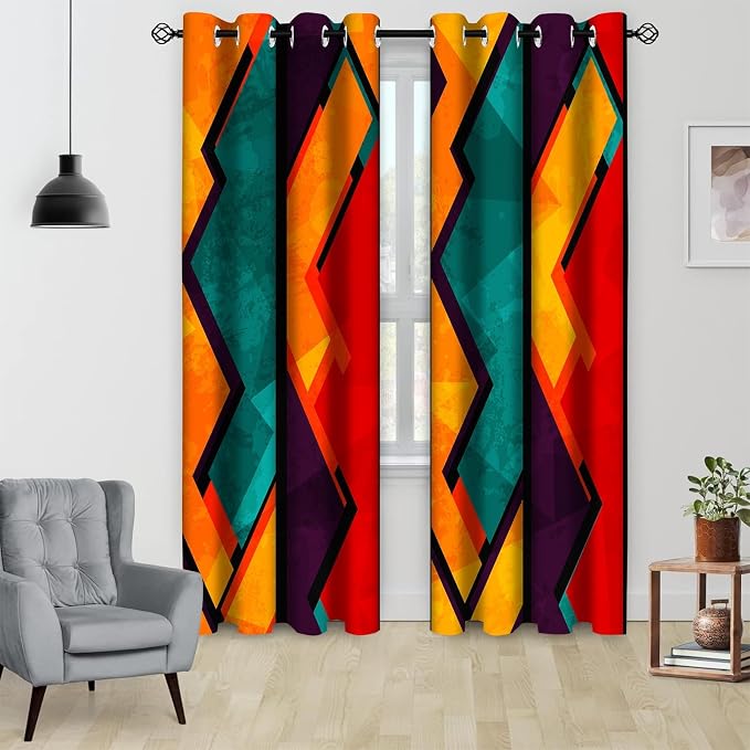 Colorful Abstract Blackout Window Curtains, Geometric Red Orange Cyan Pattern Aesthetic Art Living Room Bedroom Decor Thermal Curtain Darkening Grommet Window Drapes Treatments, 2 Panels 52x96 Inch