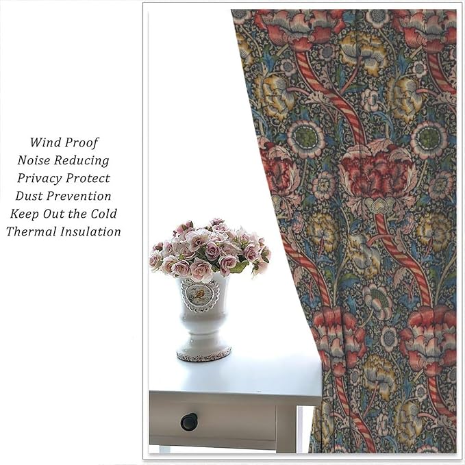 William Morris Blackout Curtains, Vintage Flower Flower Boho Botanical Plant Print Window Drapes, for Living Room Bedroom Kitche 31.5(W)*72(L) 2 Panels