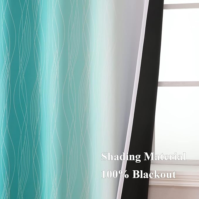 Estelar Textiler Teal and Greyish White Blackout Curtains 45 Inch Length, Light Blocking Gradient Drapes for Bedroom, Thermal Insulated Grommet Ombre Curtains for Bathroom,52Wx45L,2 Panels