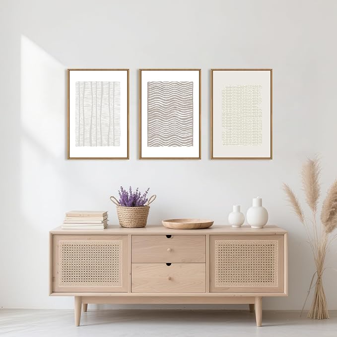 Large Abstract White and Beige Framed Canvas Wall Art,Geometric Dot and Line Wall Decor,Modern Wave Lines Artwork,Neutral Minimalist Shapes Art Print for Living Room,Bedroom,Office- 16"x24"x3
